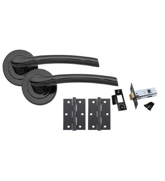 Black Nickel Finish Indiana Design Modern Door Handles On Rose Lever Latch Pack with Black Ball Bearing Hinges and Tubular Latch