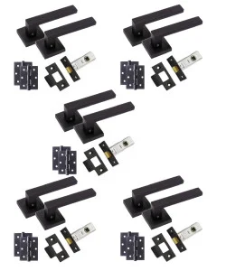 Delta Door Handles On Square Rose Matt Black with 3" Ball Bearing Hinges and 64mm Black Tubular Latch - 5 Sets - Delta Door Handles On Square Rose Matt Black with 3" Ball Bearing Hinges and 64mm Black Tubular Latch - 5 Sets -