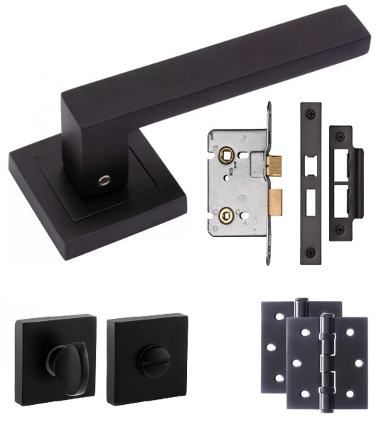 Delta Door Handles On Square Rose Matte Black Finish Bathroom Set with Bathroom Lock, Matching Thumb Turns and Ball Bearing Hinges
