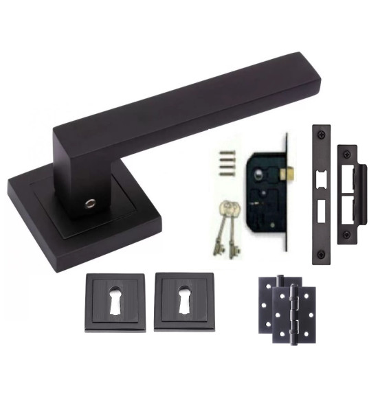 Delta Door Handles On Square Rose Matte Black Finish Lock Set with 3 Lever Sash Lock and Matching Escutcheons and Ball Bearing Hinges