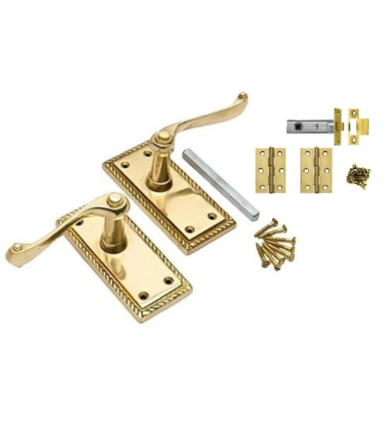 Georgian Lever Latch Door Handle Polished Brass Finish with Tubular Latch and Hinges 107mm x 48mm - Golden Grace