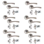 6 Sets Astrid Door Handle On Round Rose Latch Door Handles with Tubular Latch Duo Finish Satin Nickel Polished Chrome