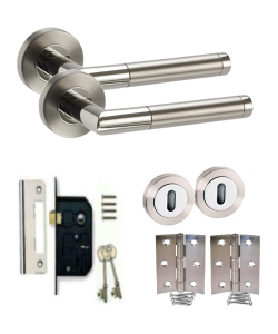 Mitred Style Modern Chrome Door Handles on Rose with Duo Finish Door Lever Latch Pack with Hinges Lock Set
