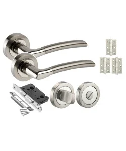 Indiana Modern Chrome Door Handles on Rose with Duo Finish Bathroom Handle Pack with 3 x 3" Heavy Duty BB Hinge Indiana Modern Chrome Door Handles on Rose with Duo Finish Bathroom Handle Pack with 3 x 3" Heavy Duty BB Hinge