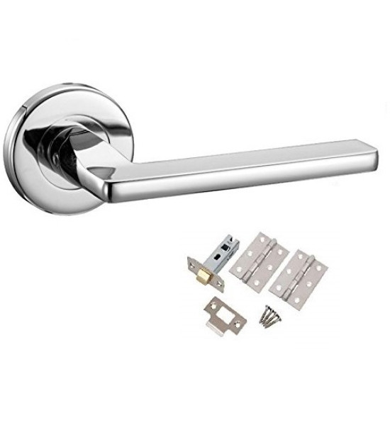 Leon Design Door Handles Sets Lever On Rose Polished Chrome Finish - Complete Latch Set with Pair of 3" Hinges and 2.5" Tubular Latch -  Golden Grace