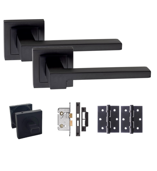 Matt Black Door Handle On Square Rose Bathroom Set with matching Mortice lock and thumbturn Zeta Design complete with Ball bearing Hinges