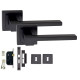 Matt Black Door Handle On Square Rose Lock Set with matching 3 Lever Lock and Escutcheons Zeta Design