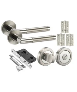 Mitred Style Modern Chrome Door Handles on Rose with Duo Finish Bathroom Handle Pack with 3 x 3" Heavy Duty BB Hinge Mitred Style Modern Chrome Door Handles on Rose with Duo Finish Bathroom Handle Pack with 3 x 3" Heavy Duty BB Hinge