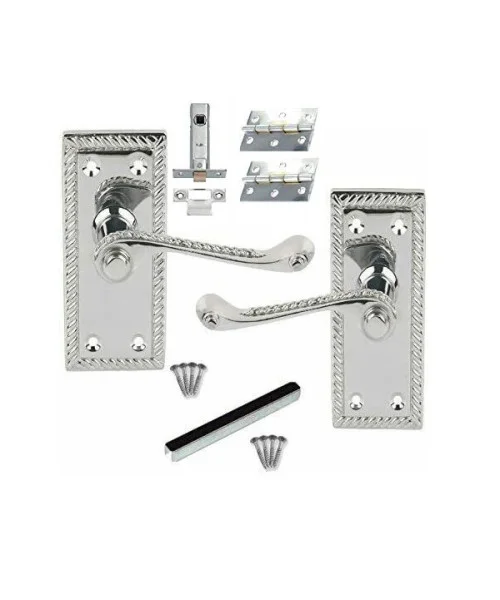 Pair of 107mm Long Georgian Rope Edge Door Handles Scroll Lever Chrome Polished Latch with Tubular Latch and Hinges Pair of 107mm Long Georgian Rope Edge Door Handles Scroll Lever Chrome Polished Latch with Tubular Latch and Hinges