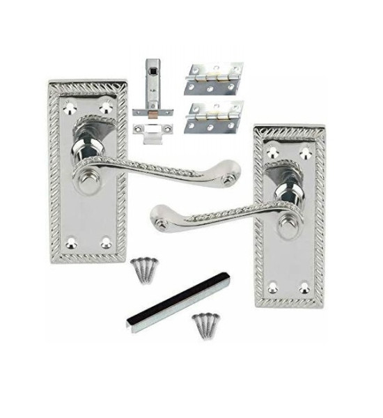 Pair of 107mm Long Georgian Rope Edge Door Handles Scroll Lever Chrome Polished Latch with Tubular Latch and Hinges
