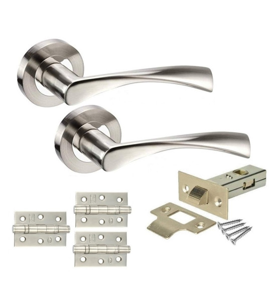 Pair of Astrid Style Modern Chrome Door Handles on Rose with Duo Finish Door Lever Latch Pack with 3x 3" Ball Bearing Hinges - Golden Grace