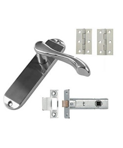 Pair of Cadenza Design Satin Chrome Lever Latch Door Handles with Tubular Latch and Hinges - Golden Grace Pair of Cadenza Design Satin Chrome Lever Latch Door Handles with Tubular Latch and Hinges - Golden Grace