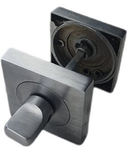 Satin Chrome Turn & Release Set for Bathroom Lock Square Backplate with Round Inner Ring - Toilet Door Thumb Twist