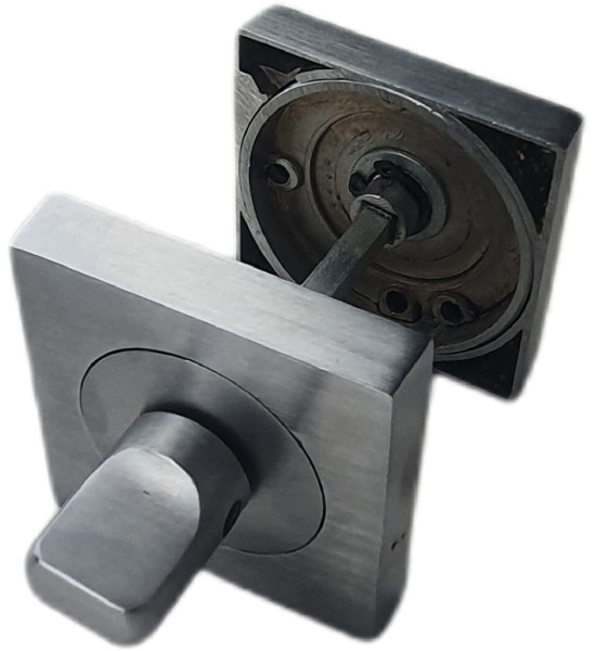 Satin Chrome Turn & Release Set for Bathroom Lock Square Backplate with Round Inner Ring - Toilet Door Thumb Twist