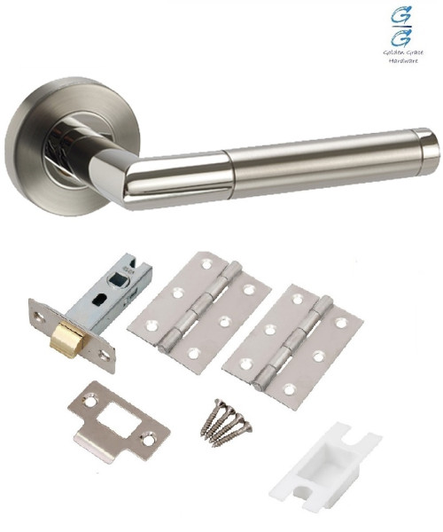 Set of Mitred Style Modern Chrome Door Handles on Rose with Duo Finish Door Lever Latch Pack - Golden Grace Set of Mitred Style Modern Chrome Door Handles on Rose with Duo Finish Door Lever Latch Pack - Golden Grace