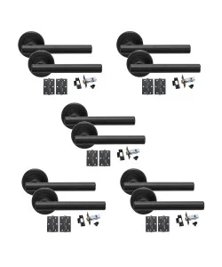 Straight T-Bar Matt Black Finish Door Handles On Rose with Black Ball Bearing Hinges and Black 64mm Tubular Latch Straight T-Bar Matt Black Finish Door Handles On Rose with Black Ball Bearing Hinges and Black 64mm Tubular Latch