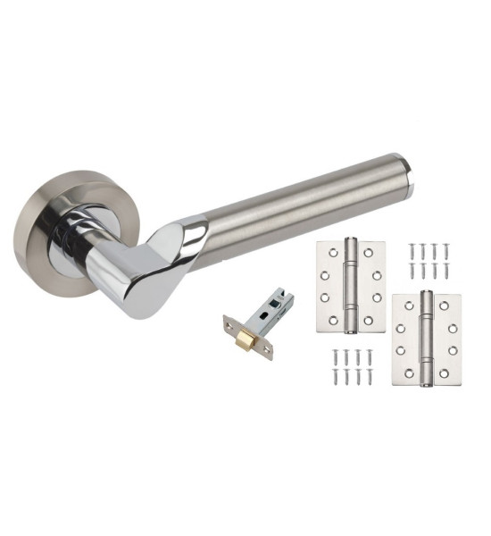 Titan Design Modern Chrome Door Handles on Rose with Duo Finish Door with Tubular Latch and Pair of 4" Fire Rated Ball Bearing Hinges