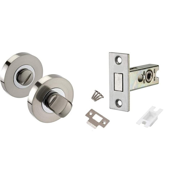 Toilet Door Thumb Twist with Dead Bolt Set for Bathroom WC - Satin Nickel & Polished Chrome