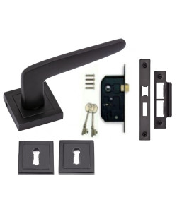 Venus Door Handles On Square Rose Matte Black Finish Lock Set with 3 Lever Sash Lock and Matching Escutcheons Venus Door Handles On Square Rose Matte Black Finish Lock Set with 3 Lever Sash Lock and Matching Escutcheons