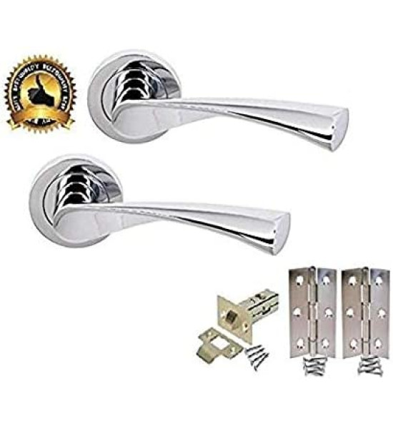 1 Set of Astrid Design Modern Chrome Door Handles on Rose, Polished Chrome Finish Door Lever Latch Pack with Latch & Hinges