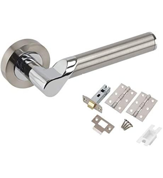 1 Set of Titan Design Modern Chrome Door Handles on Rose with Duo Finish Door Lever Latch Pack with Tubular Latch and Pair of Hinges - Golden Grace