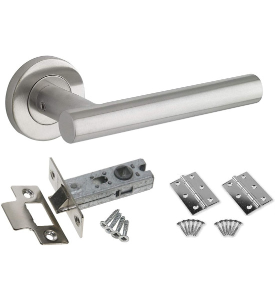 3 X Straight T Bar Door Handle Pack with Tubular Latch and Hinges - Stainless Steel Finish - Golden Grace