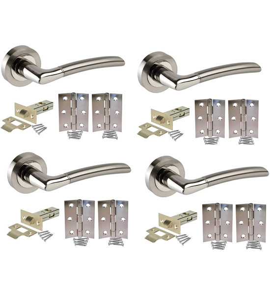 4 Sets of Indiana Style Modern Chrome Door Handles on Rose with Duo Finish Door Lever Latch Pack - Golden Grace