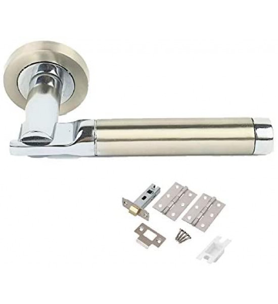 1 Set of Electra Design Modern Chrome Door Handles on Rose with Duo Finish Door Lever Latch Pack with Tubular Latch and Pair of Hinges - Golden Grace