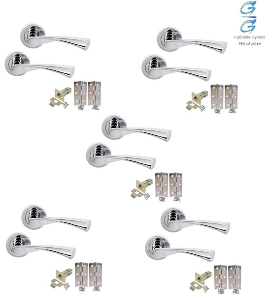 5 Sets of Astrid Style Modern Chrome Door Handles on Rose with Polished Chrome Finish Door Lever Latch Pack - Golden Grace