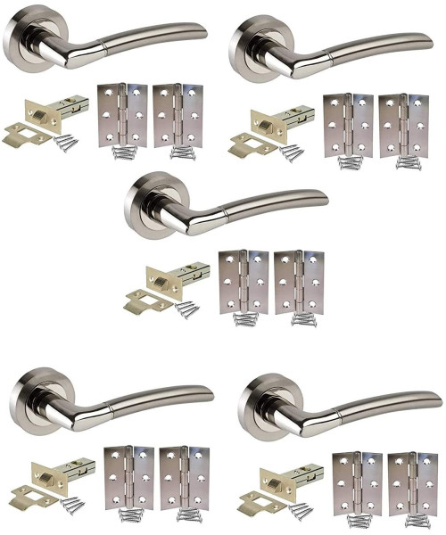 5 Sets of Indiana Style Modern Chrome Door Handles on Rose with Duo Finish Door Lever Latch Pack - Golden Grace 5 Sets of Indiana Style Modern Chrome Door Handles on Rose with Duo Finish Door Lever Latch Pack - Golden Grace