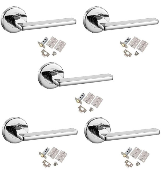5 Sets of Leon Design Door Handles Lever On Rose Polished Chrome Finish - Complete Latch Set with Pair of 3