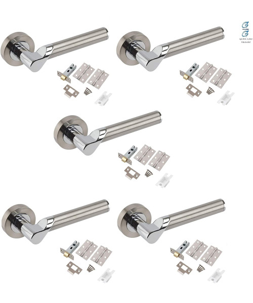 5 Sets of Titan Style Modern Chrome Door Handles on Rose with Duo Finish Door Lever Latch Pack - Golden Grace
