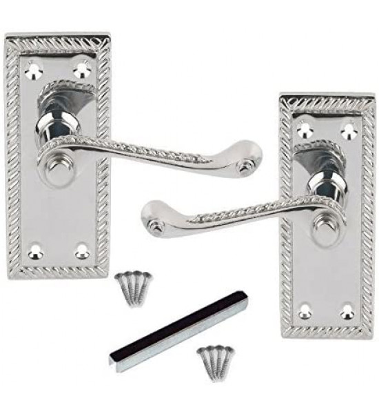 Pair of 107mm Long Georgian Rope Edge Door Handles Scroll Lever Chrome Polished Latch with Fixing Screws