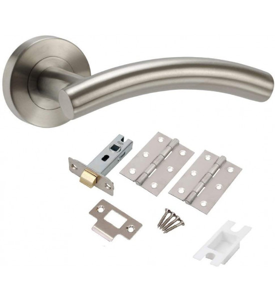 5 Set's Door Handle Pack Internal C/w Latch Hinges Arched T-Bar Lever on Rose Furniture Stainless Steel - Golden Grace