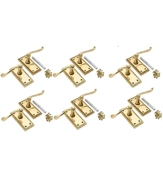6 x Sets Pairs of Georgian Roped Edge Lever Latch Door Handle Polished Brass 107mm x 48mm - Golden Grace