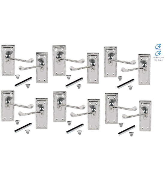 6 x Sets Pairs of Georgian Roped Edge Lever Latch Door Handle Polished Chrome 107mm x 48mm - Golden Grace