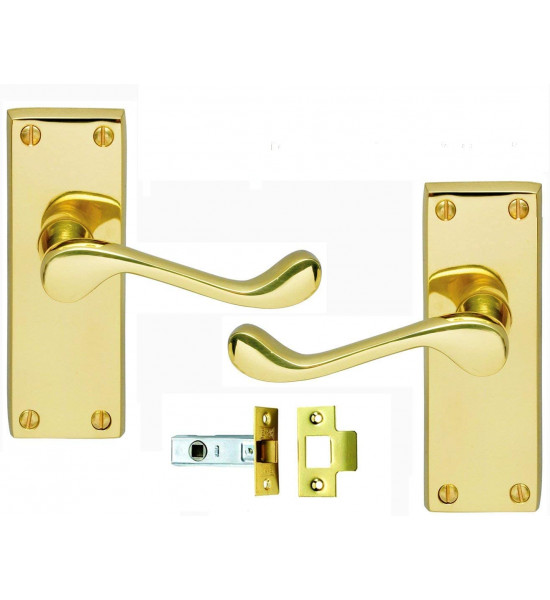 Victorian Scroll Polished Brass Door Handle and Latch Set 120mm Back Plate - Golden Grace
