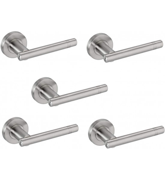 5 Pairs of Cossiama T-Bar Door Handles with 3 Rings Brushed Satin Chrome on Rose - Golden Grace