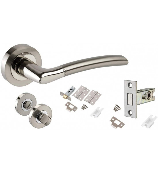 Indiana Style Modern Chrome Door Handles on Rose with Duo Finish Bathroom Handle Pack with 64mm DEADBOLT- Golden Grace