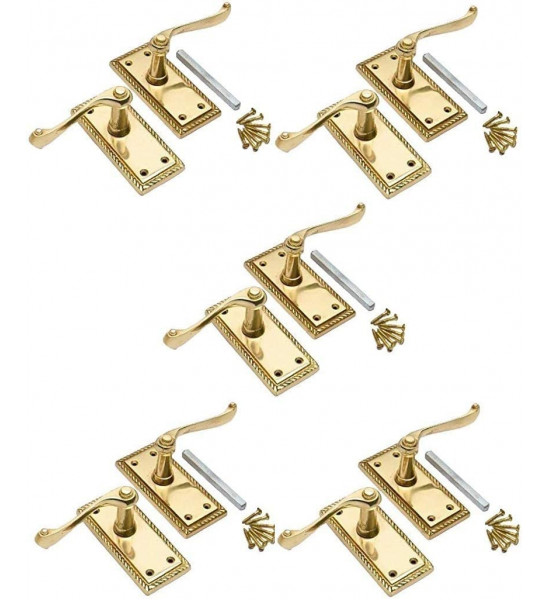 5 x Sets Pairs of Georgian Roped Edge Lever Latch Door Handle Polished Brass 107mm x 48mm - Golden Grace