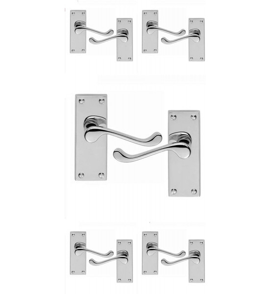 5 x Pairs of Victorian Scroll Polished Chrome Lever Latch Door Handles 118mm Long - Golden Grace