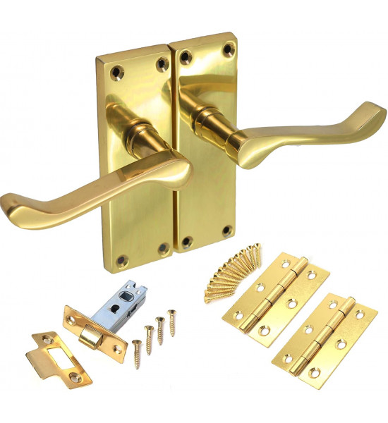 Polished Brass Victorian Scroll Latch Internal Lever Latch Door Handles & Fixings Set