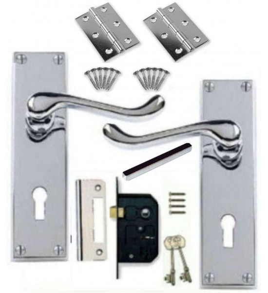 Victorian Scroll Polished Chrome Door Handle Lock Pack  with 3 Lever Lock  and Hinges