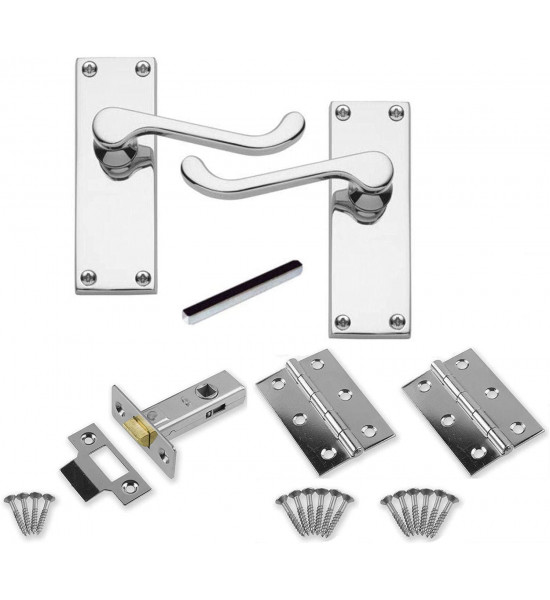 1 Set of Victorian Scroll Latch Door Handles Polished Chrome Hinges & Latches Pack Sets 120mm x 40mm Backplate - Golden Grace