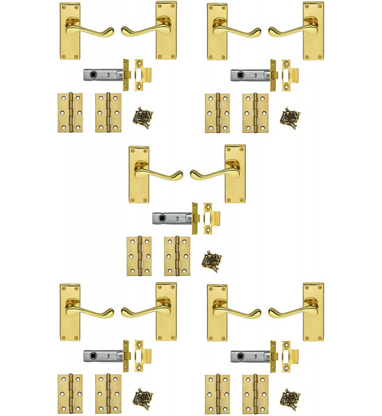 5 Sets Polished Brass Finish Victorian Scroll Door Handles Internal Set Comes with 3" Hinges and 64mm Tubular Latch