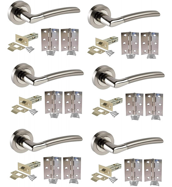 6 Sets of Indiana Style Modern Chrome Door Handles on Rose with Duo Finish Door Lever Latch Pack - Golden Grace