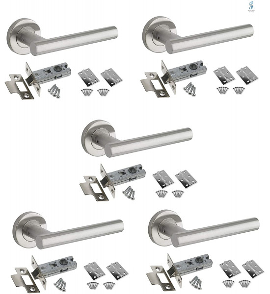 5 X Straight T Bar Door Handle Pack with Tubular Latch and Hinges - Stainless Steel Finish - Golden Grace