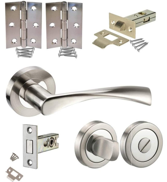 Astrid Design Modern Duo Dual Chrome Door Handle Pack for Bathrooms with Deadbolt Hinges and Tubular Latch - Golden Grace