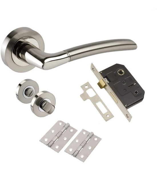 Indiana Style Modern Chrome Door Handles on Rose with Duo Finish Bathroom Handle Pack with Hinges - Golden Grace