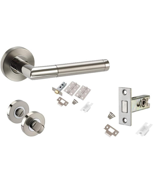 Mitred Modern Chrome Door Handles on Rose with Duo Finish Bathroom Handle Pack with 64mm DEADBOLT- Golden Grace Mitred Modern Chrome Door Handles on Rose with Duo Finish Bathroom Handle Pack with 64mm DEADBOLT- Golden Grace